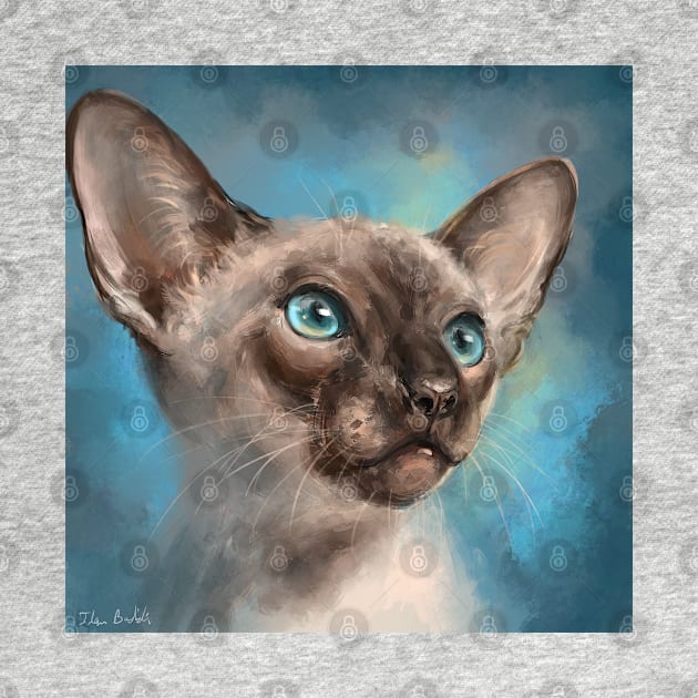 Close Up Painting of a Gorgeous Siamese Cat with Blue Eyes and Blue Background by ibadishi